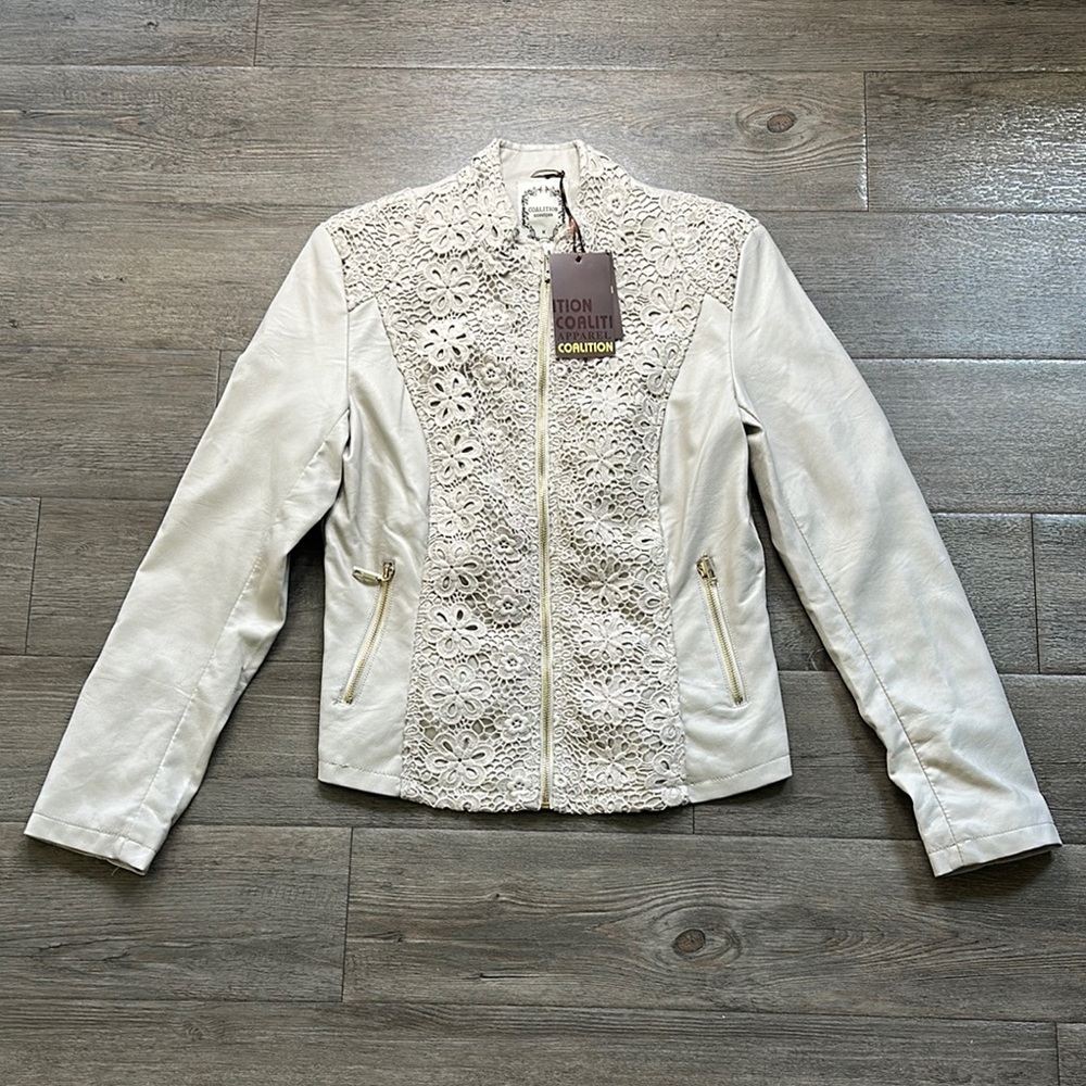 Elegant Cream Leather Jacket with Lace Accents